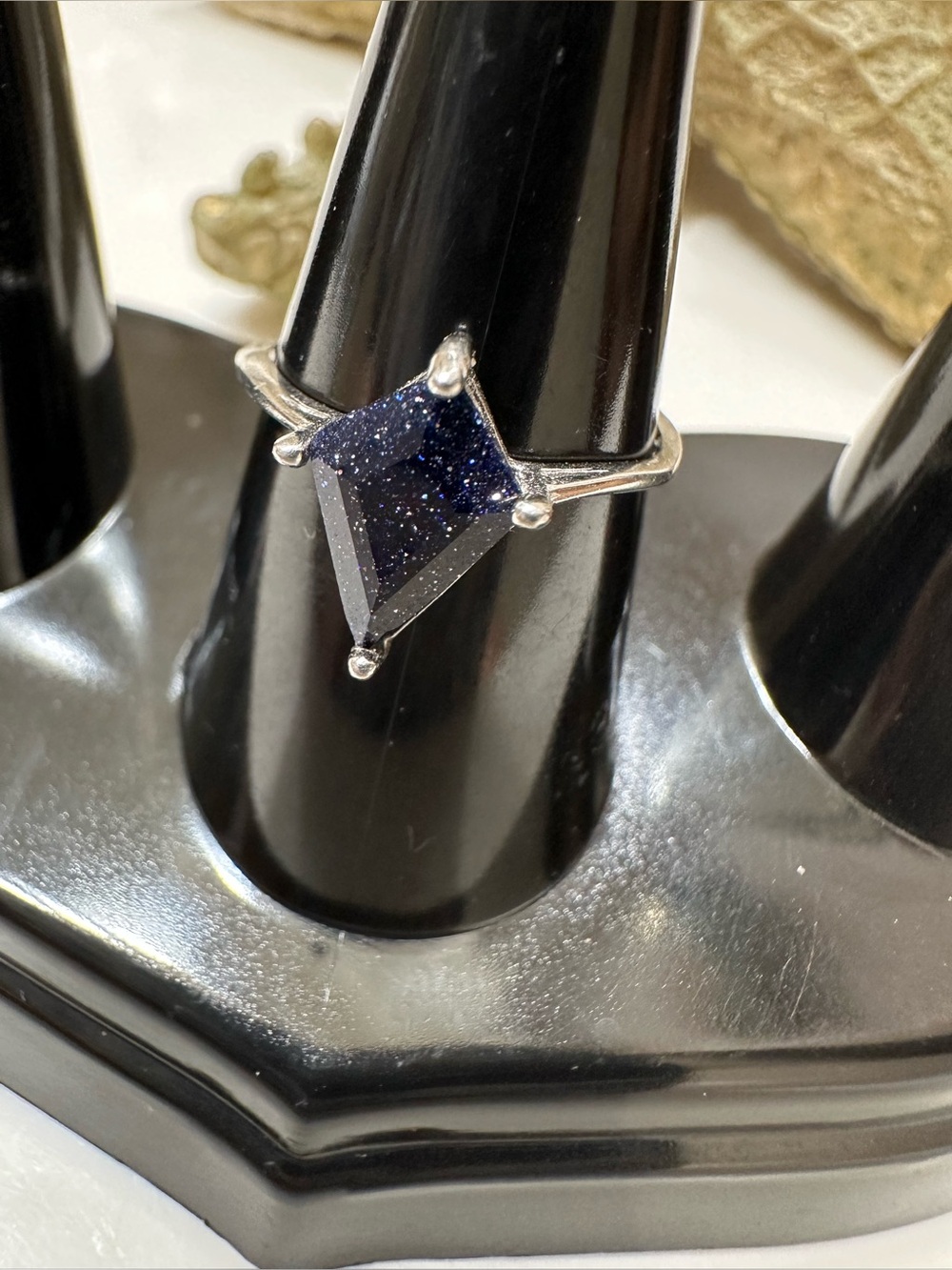 Blue Sandstone Kite shaped Ring - Sparkling Deep Blue Silver tone